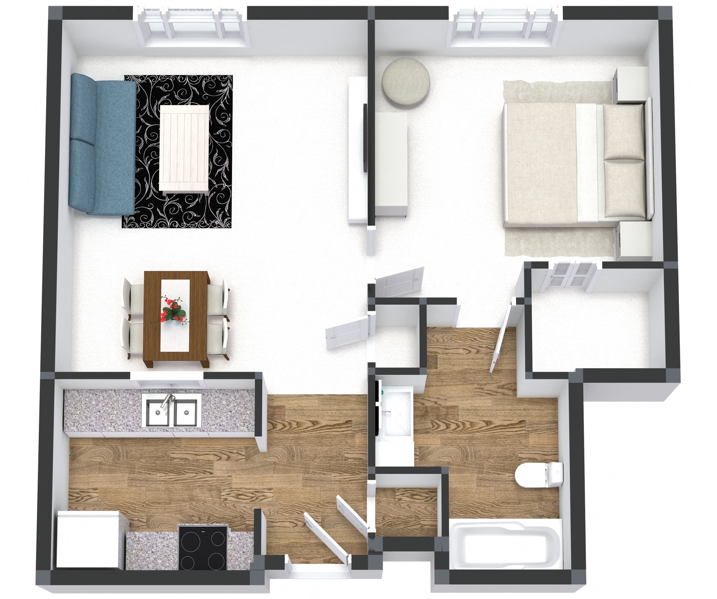 Floor plan for 1 bed, 1 bath, 698 sqft